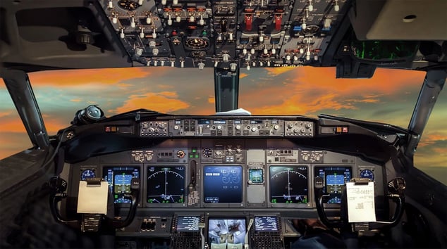 A cockpit illustrating the need for accurate measurements and prioritized indicators to successfully navigate, similar to business dashboards.